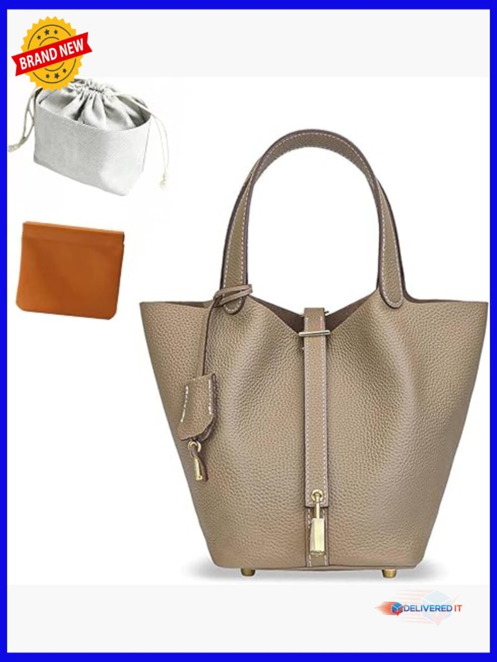 Genuine Leather Bucket Bag with Lock Design Tote Handbag